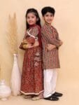 Ethnic Set-Rust Kalamkari Girls Lehenga Set and Boys Kurta Set