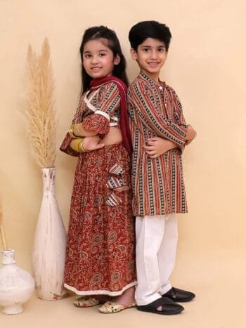 Ethnic Set-Rust Kalamkari Girls Lehenga Set and Boys Kurta Set