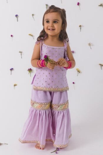 Purple Silk, Cotton Lace, Sequins Butti Embellished Kurta Gharara Set